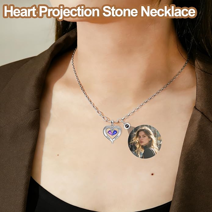 Jewelry To My Wife Necklace, Personalized Necklace Engraved Name jewelry, Custom Projection Photo Birthstone Heart Necklaces for Women, for Valentine's Day Anniversary