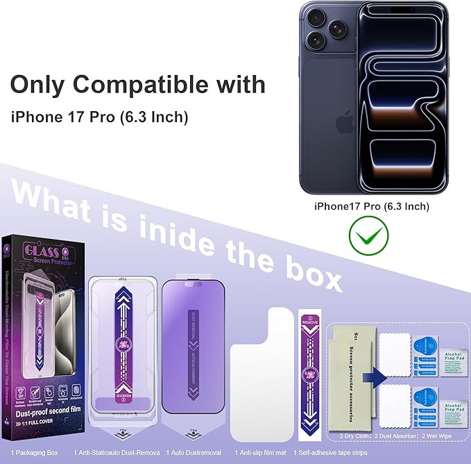 Anti Blue Light Matte Screen Protector for iPhone 17 Pro 6.3-Inch, Auto Dust Removal, 9H Tempered Glass, Full Cover, Anti-Fingerprint, Easy Installation, 2 Pack