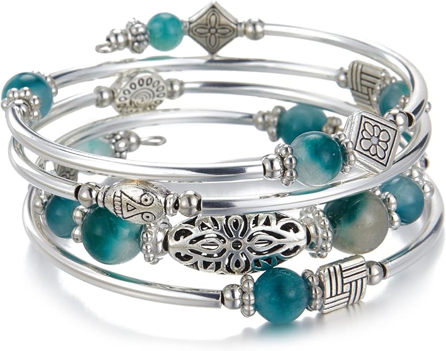 BULINLIN Layered Wrap Bangle Turquoise Bracelet - Bead Bracelet with Natural Agate Stone, Gifts For Women