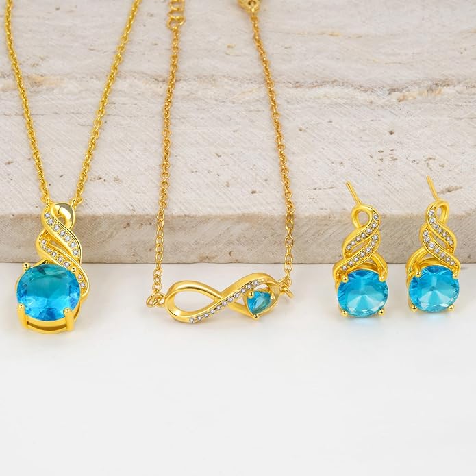 Jewelry Sets for Women-18K Gold Plated Dainty Birthstone Pendant,Trendy Necklace Earrings Infinity Bracelets Set,Ideal Jewelry Gifts for Her Mom