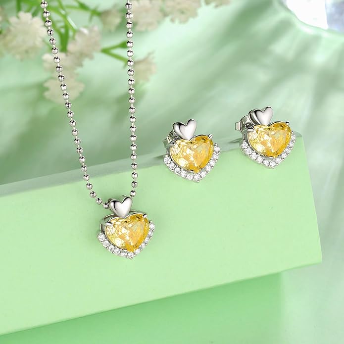 Love Heart Necklaces and Earrings with Rose Cut Birthstone Silver Plated Elegant Jewelry Set for Women CS0002