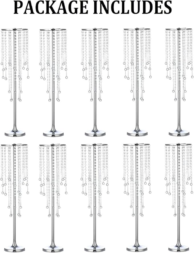 10 Pcs Tall Elegant Wedding Centerpiece Stand, Silver Metal Flower Candle Holder with Chandelier Crystal,for Wedding Party Event Birthday,Valentine's Day Home Décor，29.5in