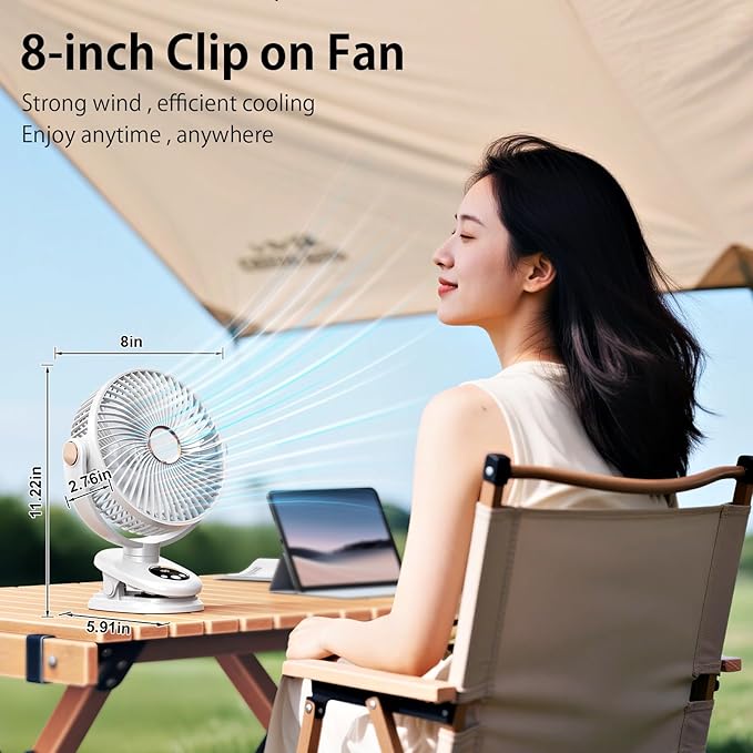 iNeibo 10000mAh Portable Clip on Fan, 90° Oscillating Fan, 8 Inch Rechargeable Battery Operated Desk Fan, Strong Airflow, 5 Speeds, Sturdy Clamp for Golf Cart Home Office Outdoor Travel (White)