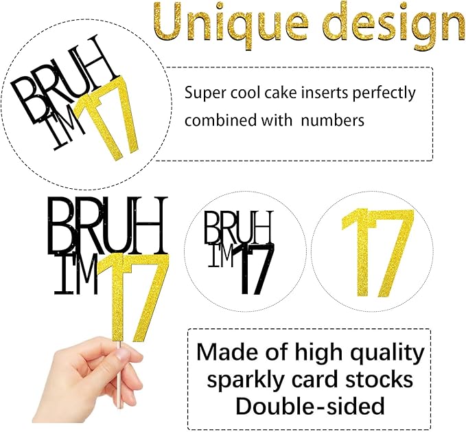 Bruh I'm 17 Cake Topper - Bro I'm 17, Happy Sweet 17 Ornament for Boys' 17th Birthday Party Supplies (Bruh I'm 17)
