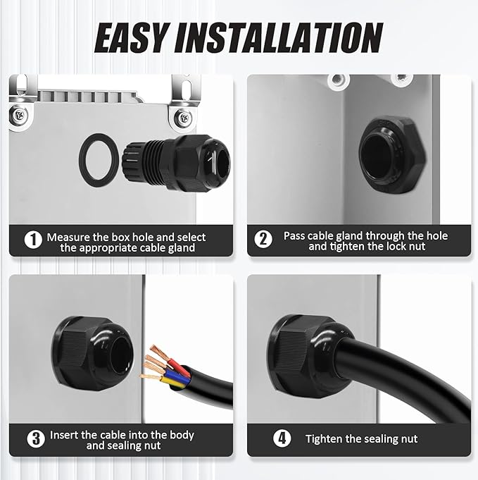 12 Pcs 1/2" NPT Nylon Cable Glands, Black Strain Relief Cable Cord Connector IP68 Waterproof Junction Box Wire Protectors Adjustable for 6-12mm Cable Diameter