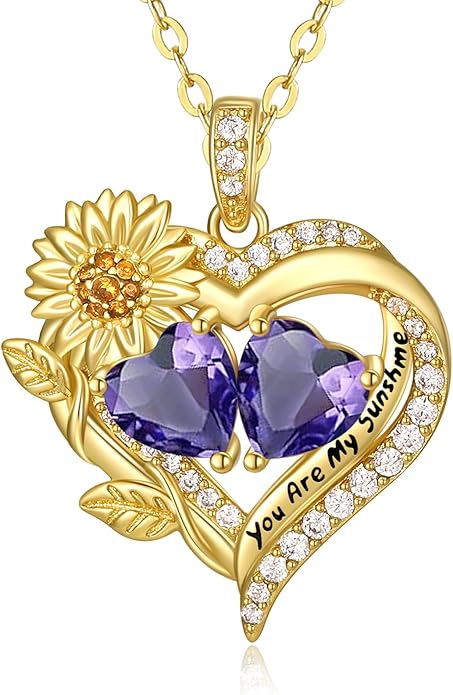 Sunflower Heart Necklace for Women 14K Gold Exquisite Valentines Day Anniversary Birthday Gifts for Wife Mother Her Double Birthstone Pendant Jewelry‘You Are My Sunshine’