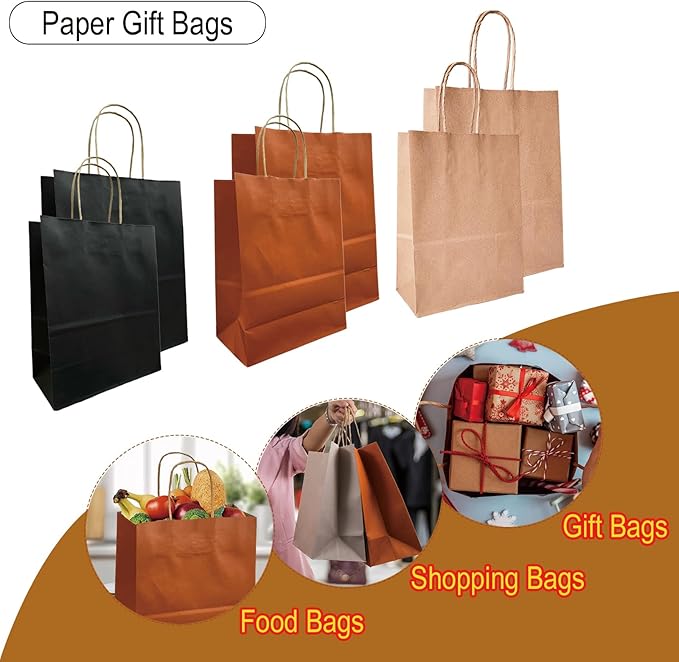 BAG BOX 100 Pack 8.25x4.3x10.6 Inch Orange Gift Bags with Handles,Bulk Kraft Paper Bags for Shopping, Retail, Merchandise, Wedding, Party Favors, Paper Grocery Sacks