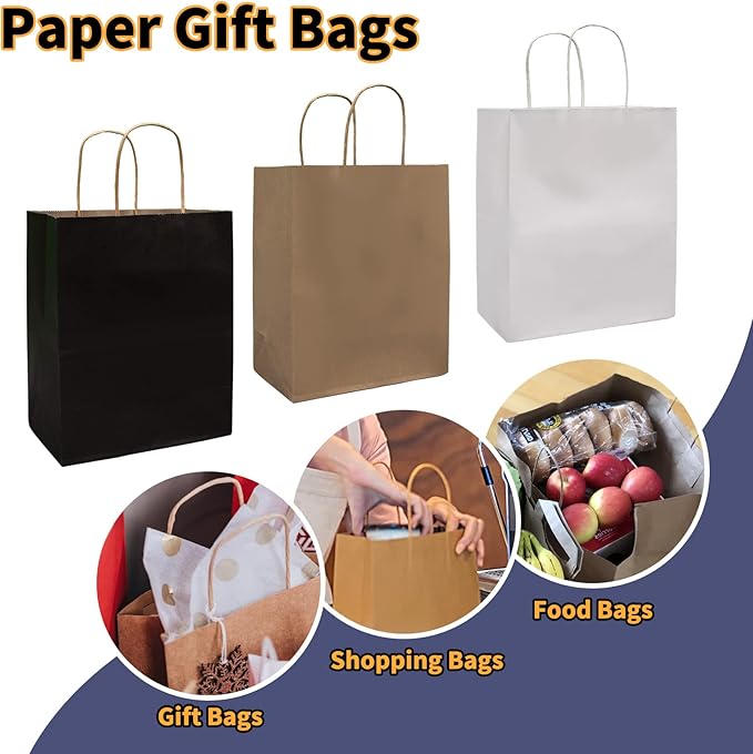 FACEBAG 50 PCS Black Paper Bags with Handles Bulk, 8x4.25x10.5 Inches,Medium-sized Gift Bags for Party Favors，Take-Out，Grocery Shopping & Retail,Christmas,weddings,Reusable & Durable