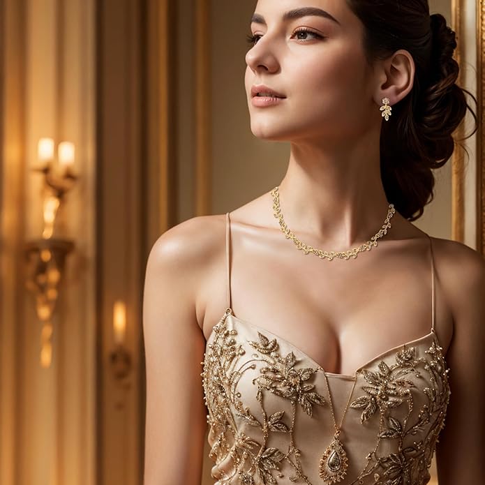 BriLove Wedding Jewelry Set for Women Bride, Gorgeous Stunning Crystal Flower Leaf Cluster Choker Necklace Link Bracelet Stud Earrings Bridal Bridesmaid