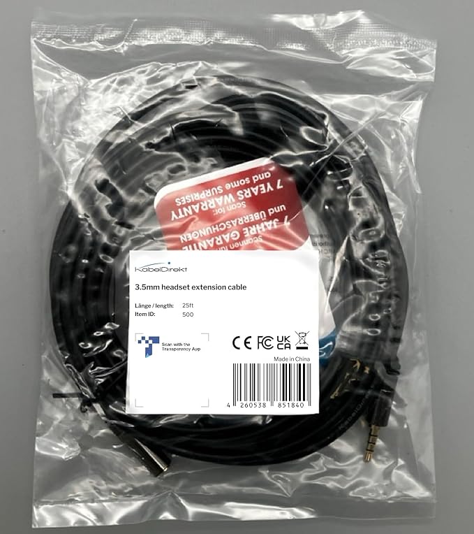 KabelDirekt – Headset Extension Cable – 25ft – Headphone Extension Cord with Break-Proof Metal Plug for Gaming Headsets & Headphones with Microphone, TRRS, 4-Pole, 3.5mm Male to Female