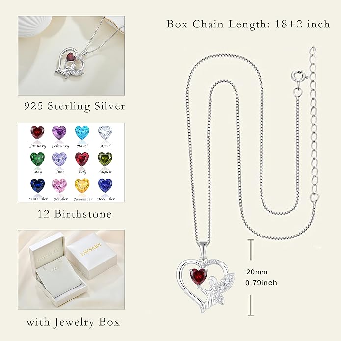 Guardian Angel Necklace 925 Sterling Silver Heart Angel Wings Pendant Birthstone Jewelry for Women