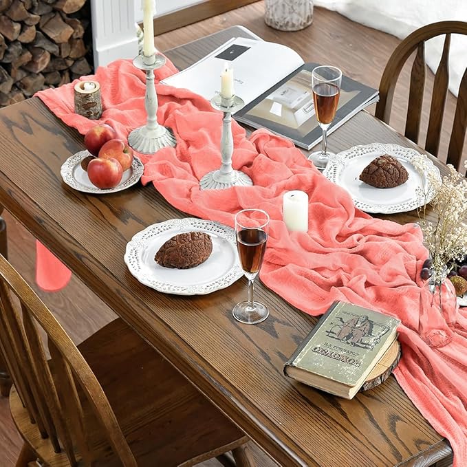 Artoid Mode Boho Cheesecloth Gauze Coral Wedding Table Runner, 120 Inch Seasonal Fabric Kitchen Dining Holiday Table Decor for Home Party Indoor
