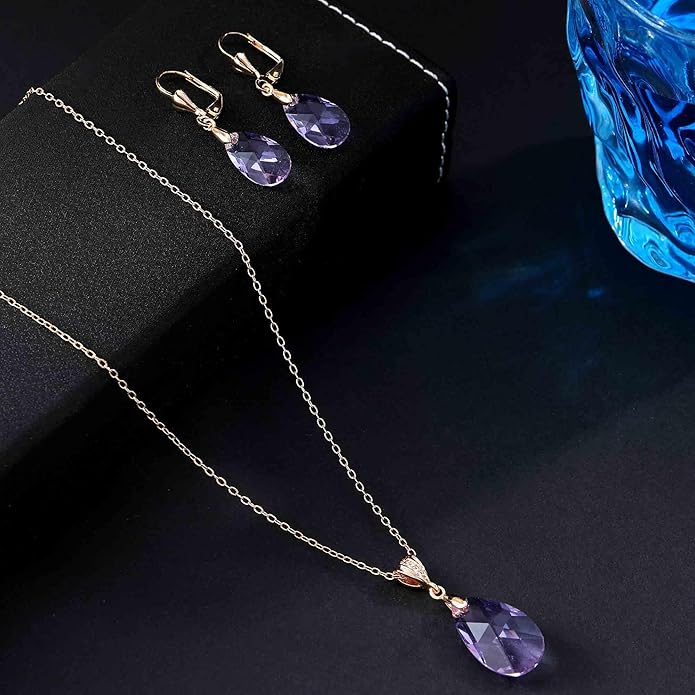 EVEVIC Austrian Crystals Teardrop Pendant Necklace Earrings for Women 14K Gold Plated Hypoallergenic Leverback Drop Dangle Earrings Jewelry Set