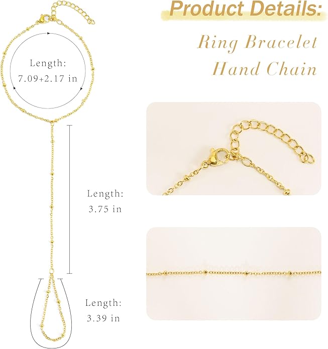 Hand Chain Bracelet, Adjustable Hand Jewelry Chain Bracelet with Ring, Trendy Gold Handchains Jewelry