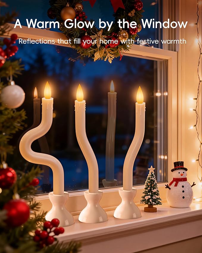 COOLWUFAN Window Candles with Remote Timer, 6 Pcs Flameless Taper Candles Battery Operated with White Holder, Realistic LED Flickering Flame Dripless, Christmas Decorations Indoor for Home Party Fall