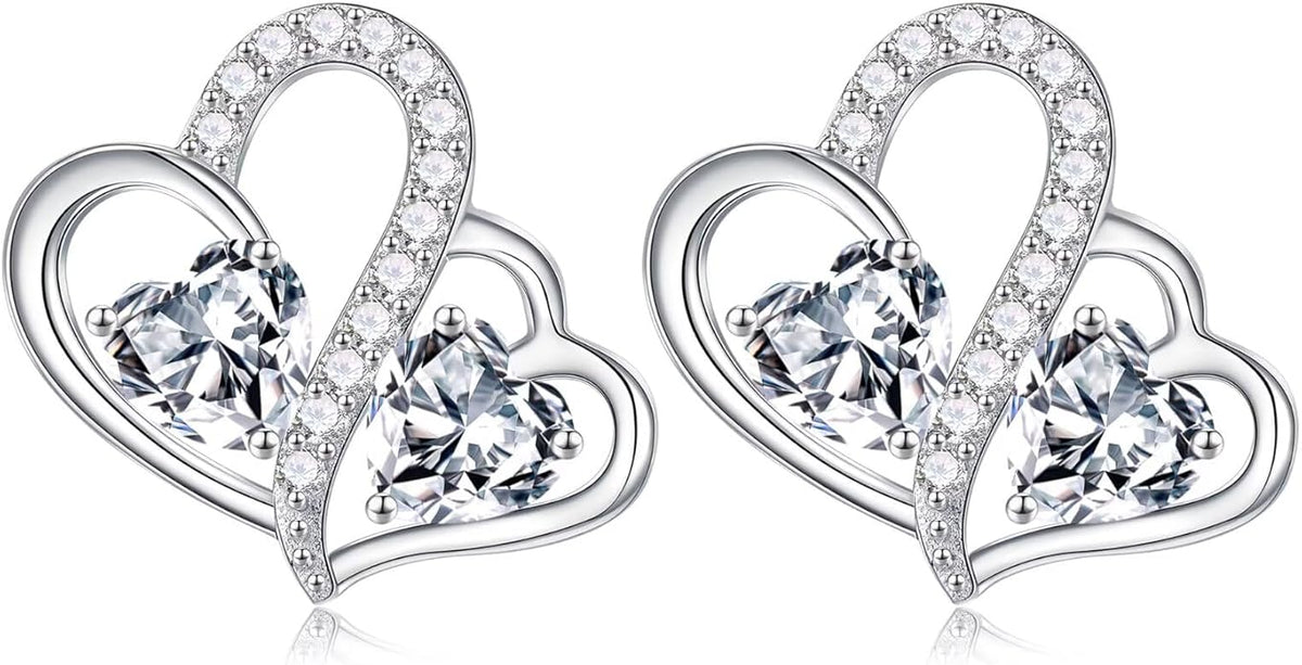 Iefil Valentines Day Gifts for Her - Birthstone Earrings Gift for Women, 925 Sterling Silver Double Heart Birthstone Earrings | Anniversary Birthday Gifts for Women, Personalized Jewelry for Wife Mom