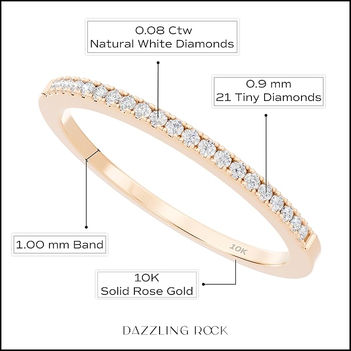Dazzlingrock Collection Valentine's Day Gift 0.08 Ctw Womens Diamond Wedding Band, Real Natural Round White Diamond Minimalist Thin Stackable Ring for Her in 10K Solid Gold