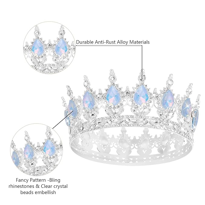Queen Crown Rhinestone Wedding Crowns and Tiaras for Women Costume Party Hair Accessories Princess Birthday Crown Crystal Bridal Crown (Silver Fantasy Light Blue Crown)