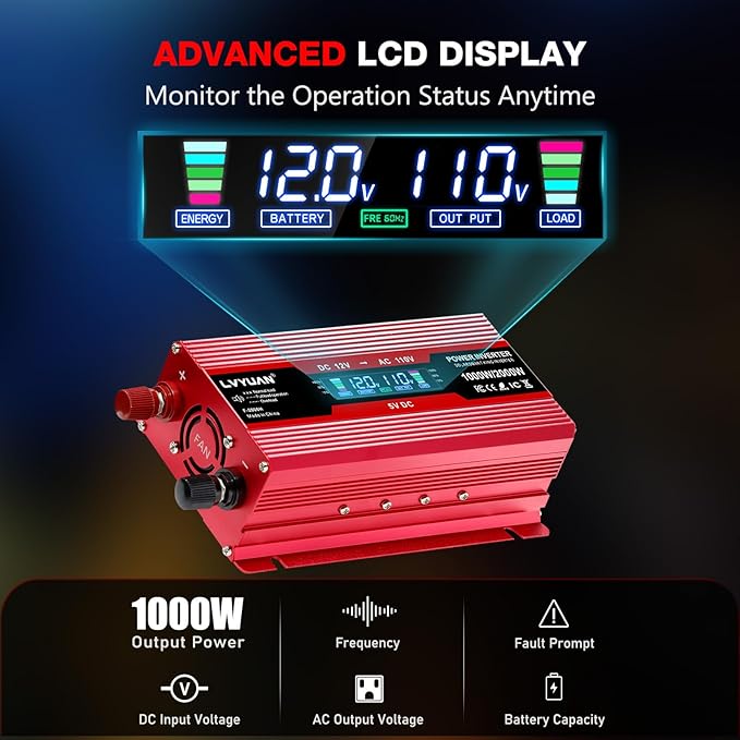 LVYUAN 1000W Car Power Inverter 12V to 110V / 120V DC to AC with 2 US Sockets, Cigarette Lighter, LCD Display, USB Ports for Car, Home, Outdoor, Camping