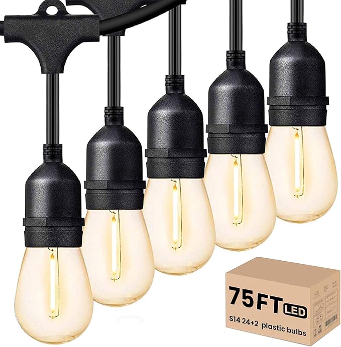 Svater Outdoor Led String Lights 75 FT, Patio Lights for Outside with 26pcs S14 Shatterproof Bulbs, IP65 Waterproof Commercial Grade Market Light, 1 Watt E26 Dimmable 2700K Warm White