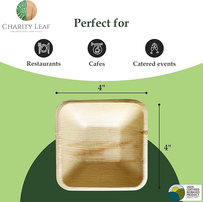 Charity Leaf Disposable Palm Leaf 4" Square Bowl (200 pcs) Dipping Bowls | Bamboo Like| All Natural and Biodegradable | Charcuterie Boards, BBQs, and Parties