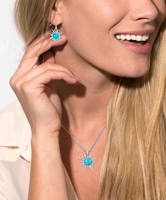 Genuine Sun Turquoise Jewelry Set for Women, Sterling Silver Native American Neckace and Dangle Earings Western Jewelry Birthdays Gift