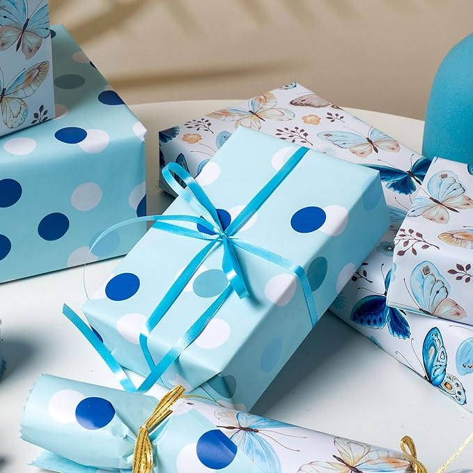 MIMUTI Watercolor Butterfly Wrapping Paper - 17 in X 33 ft - Blue Reversible Gift Wrap with Butterfly, Polka Dots, Flowers, Branches and Leaves - Perfect for Wedding, Mother's Day, Baby Shower