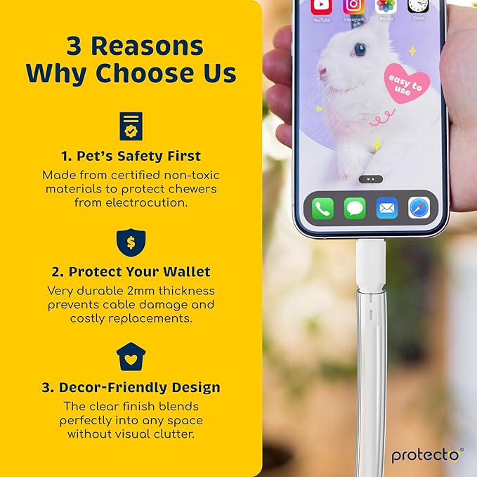 PROTECTO Heavy Duty Cord Protectors from Pets No Chew Solution, 10ft Easy to Use Dog & Cat Cord Protector, Clear & Odorless Critter Cord Covers for Pets, Power Audio & Video Wire Protector Tubing