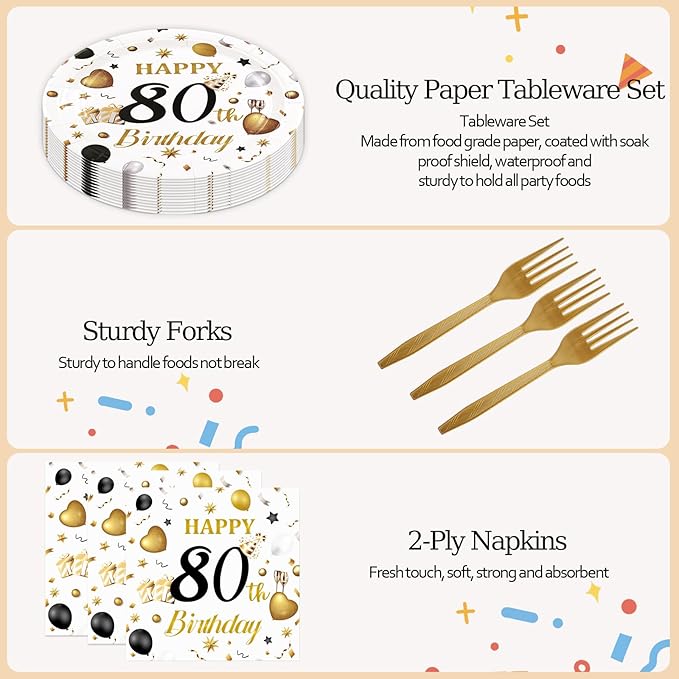 75PCS 80th Birthday Plates and Napkins Party Decorations, 7 Inch White and Gold Happy Birthday Paper Dessert Cake Plates and Napkins with Forks Disposable Tableware Set for Women Men