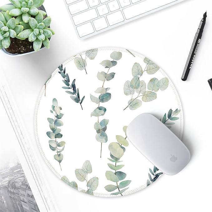 ITNRSIIET Round Mouse Pad with Stitched Edge Premium-Textured Waterproof Non-Slip Rubber Base Desktop Protection Mat Diameter 8.7 inches, Eucalyptus Branches