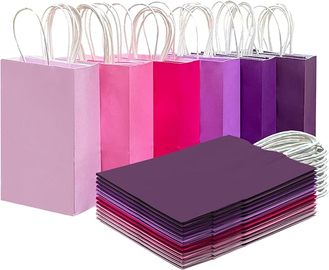 qiqee 30PCS Medium Gift Bag with Handles Bulk 11"x5"x8" Gift Bags 6 Different Pink ＆ Purple Color Bags Multiple Uses (Medium Size)