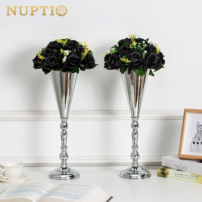 NUPTIO Black Artificial Roses Flowers: Fake Flower Bouquet Halloween Decorations - 15 Heads Artificial Rose Centerpieces with Base for Gothic Wedding Party Table Decor 2 Pcs