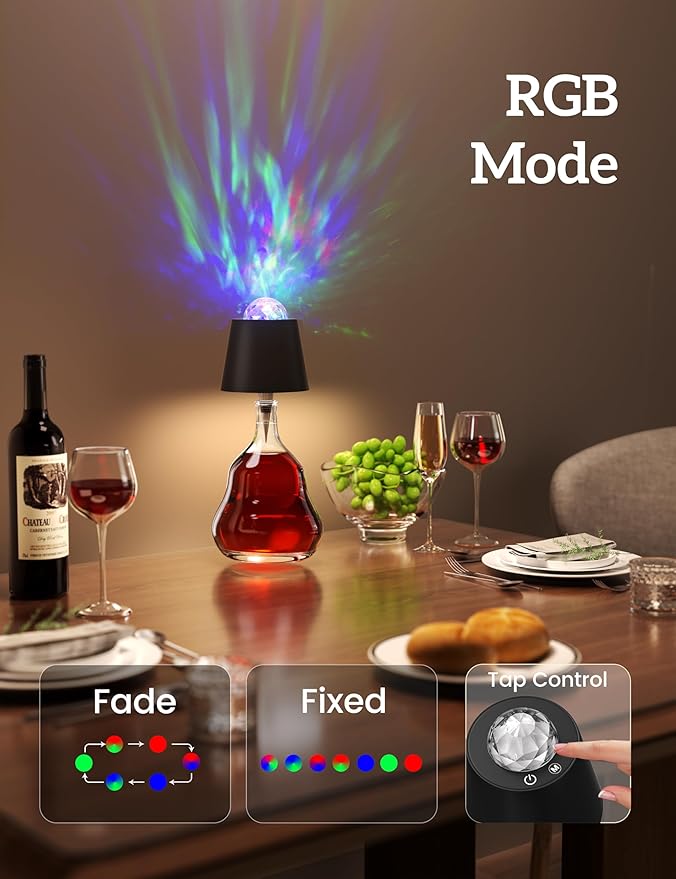 Joyzy Table Lamp with Projector Lighting, Wireless Wine Bottle Lamps Rechargeable Wine Bottle Lights Water Wave Ripple Projection Liquor Bottle Room Decoration Light Ambient for Bar Restaurants