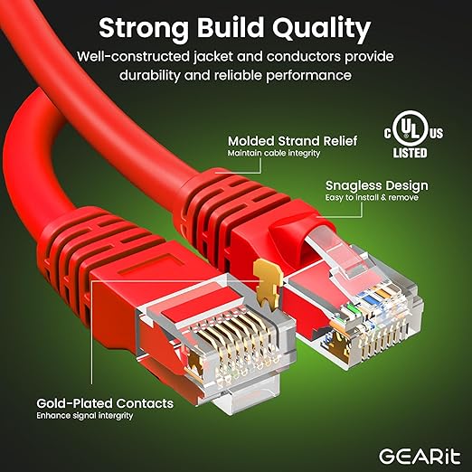 GearIT Cat 6 Ethernet Cable (24-Pack 1 Foot) Cat6 Network Patch, 10Gbps, RJ45, Snagless Cord, Gold-Plated Connectors, Internet for PC, TV, Tablet, Router, Printer, Servers, IT Data Center - Red