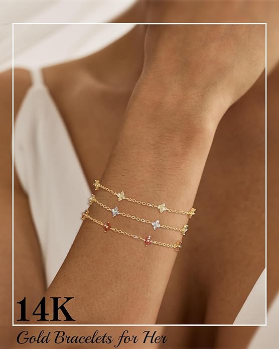 JSJOY Birthstone Bracelets for Women, 14K Gold Bracelets for Women Mom Gifts Birthday Valentines Day Gifts for Gf Dainty Flower Gift for Her Birthstone Bracelet Mothers Day Gift