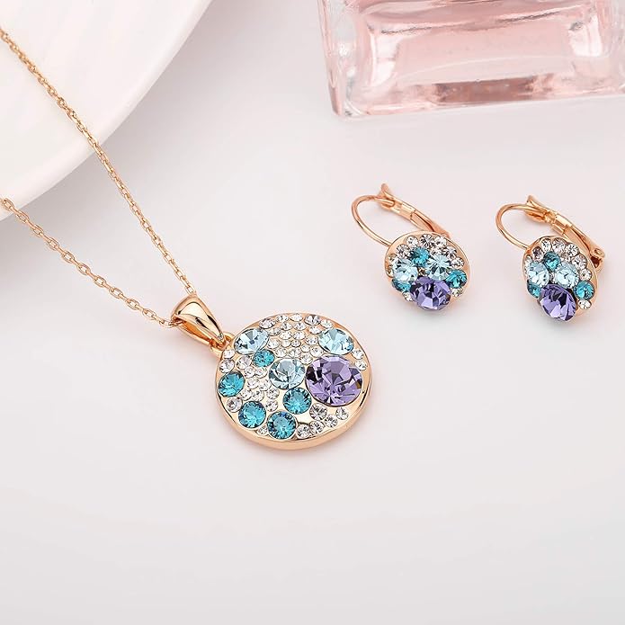 EVEVIC Austrian Crystals Round Disc Pendant Necklace Earrings for Women 14K Gold Plated Hypoallergenic Jewelry Sets