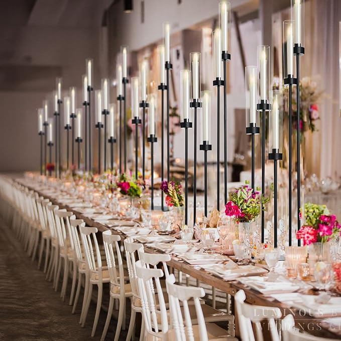 39.8''Matte Black Candle Holder with Acrylic Shades Tall 5 Arm Candelabra Black Table Centerpiece 10PCS for Wedding Living Dining Room Fireplace Decoration Fit 0.98''LED Taper Candle