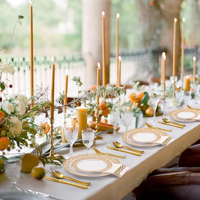 350PCS Gold Plastic Dinnerware Set for 50 Guests, Disposable Plates for Party, Wedding and Dinner, Include 50 Dinner Plates, 50 Dessert Plates, 50 Set Silverware, 50 Cups, 50 Napkins