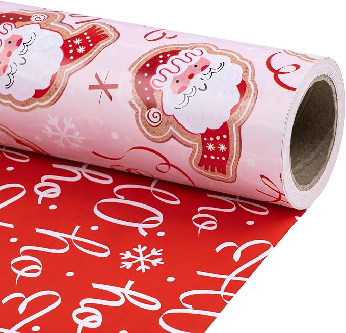 RUSPEPA 30" X 32.8' Reversible Christmas Wrapping Large Paper Roll, Jumbo Roll, Adorable Santa Claus, Ribbon Design, Elegant Red Ho Ho Ho Gift Wrap Paper for Girls, Kids, Family, Xmas Holiday Gifts