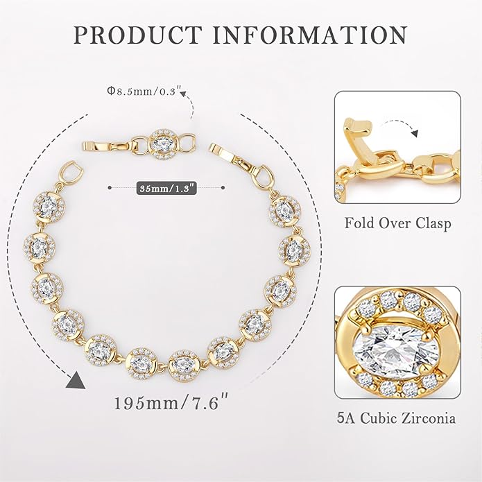 Tennis Bracelet for Women 14K Gold Plated Cubic Zirconia Bracelet,Classic Crystal Tennis Bracelet, Rhinestone Delicate Bracelet Gift for Her