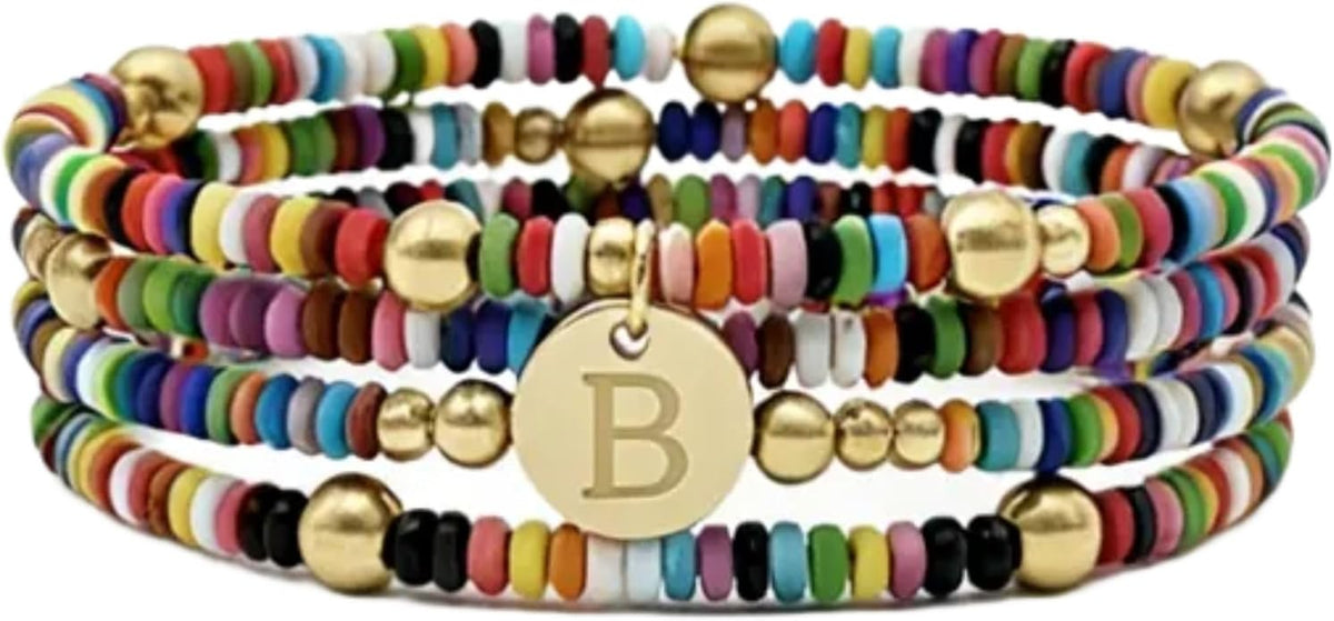 Set of 4 Colorful Bead Initial Bracelets, Personalized Stackable Jewelry, Adjustable Stretchy Charm Bracelets for Women, Beaded Bracelet Set, Trendy Custom Jewelry Gift