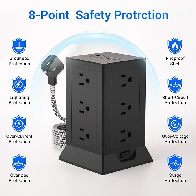 Power Strip Tower with Multiple Outlets 16.5 Ft Extension Cord Flat Plug with 12 AC Outlets 4 USB Ports (2 USB C), Power Tower Surge Protector with Individual Switches for Home Office Dorm Room, Black