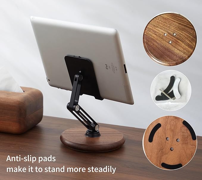 RENMTURE Phone Desk Stand, Adjustable Foldable Cell Phone Stand with 360° Rotation for iPhone 16 15 14 13 Pro ipad, Mobile Phones & Tablets Stable, Ergonomic Holder for Home Office, Walnut Wood Base