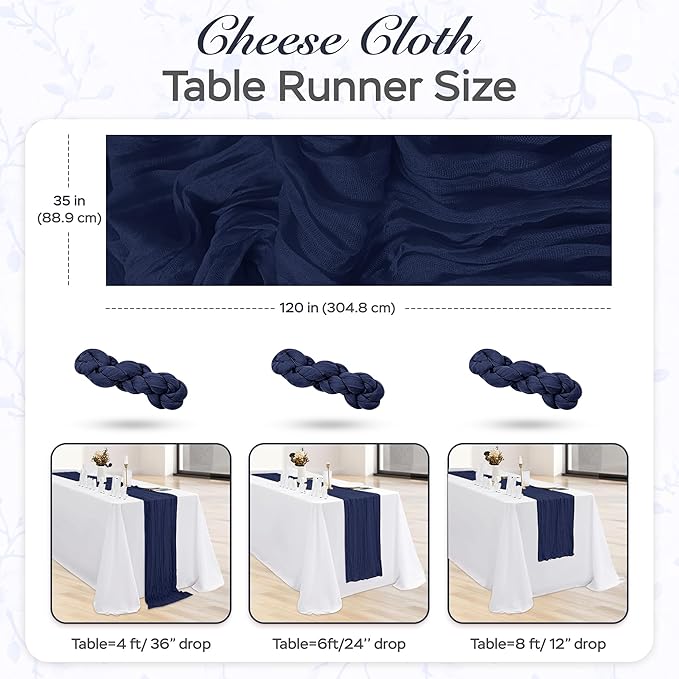 Cheesecloth Table Runner 3 Pack – 35x120 Inch (10ft) Boho Rustic Gauze Cloth Runners – Crinkle Polyester Table Decor for Wedding, Baby Shower, Bridal Shower, Birthday Party and More (Navy Blue)