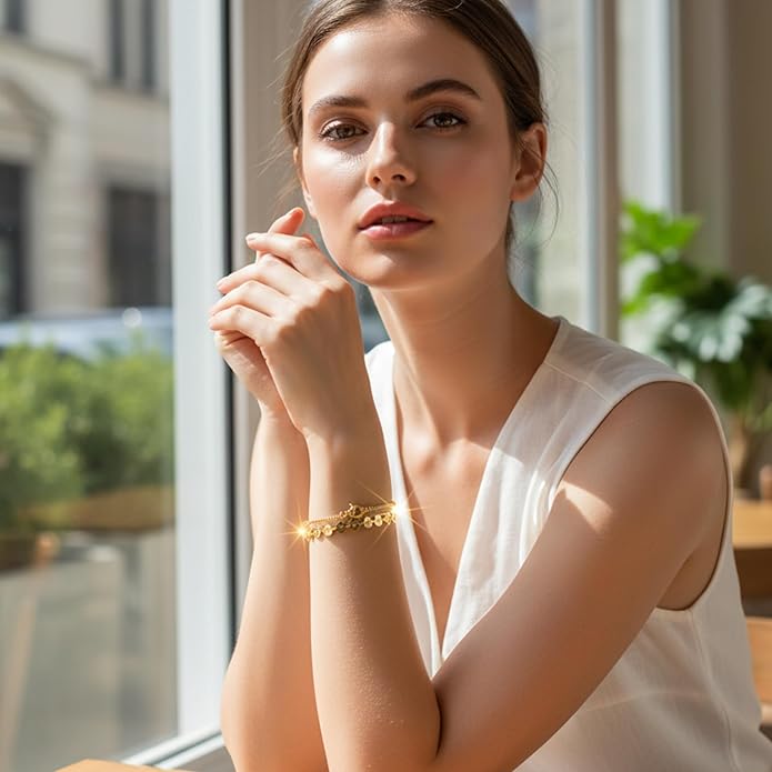 Solza 2 Layer Gold Plated Bracelet – Stainless Steel Adjustable Layered Chain with 3mm Beads, 18K Gold Plated Non Tarnish Jewelry for Women, Elegant Beaded Bracelet Stack for Everyday Wear