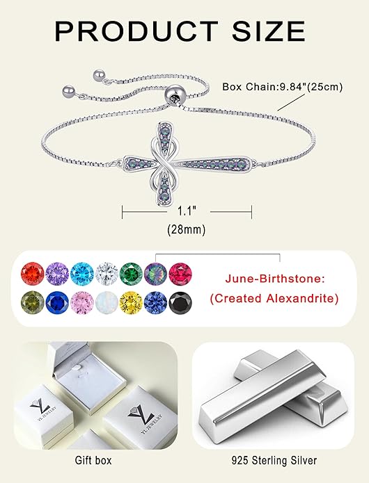 YL Cross Bracelet 925 Sterling Silver Infinity Sideways Link Bracelet Birthstone Jewelry for Women