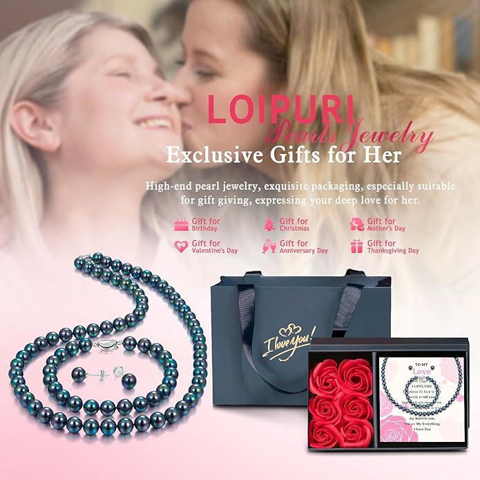 Pearl Necklace and Earring Set Include Stunning Bracelet, Pearl Jewelry Set for Women with Preserved Rose Box