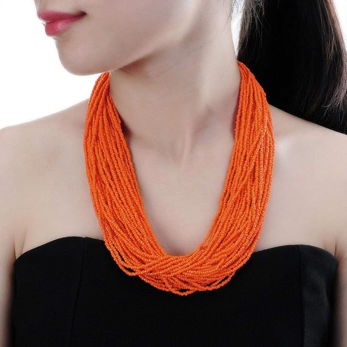 Fashion Multilayer Seed Bead Chain Choker Collar Necklace Earrings Set Cluster Strand Handmade Bib Statement Necklace