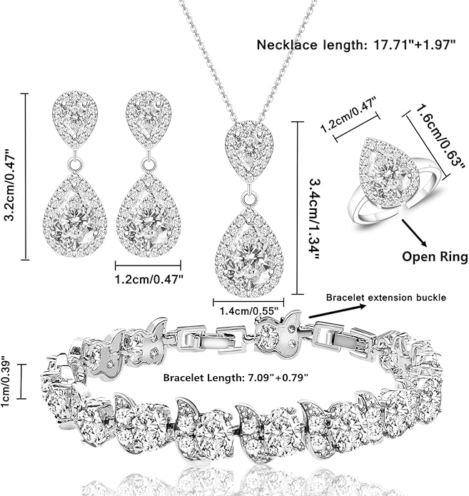 LMXXVJ Teardrop Jewelry Set for Women，Necklace Earrings Adjustable Ring Bracelet Set Fashion Formal Platinum/Gold/Rose Gold Jewelry Gift Girl/Mom/Wife/Grandmother/Best Friend/Aunt