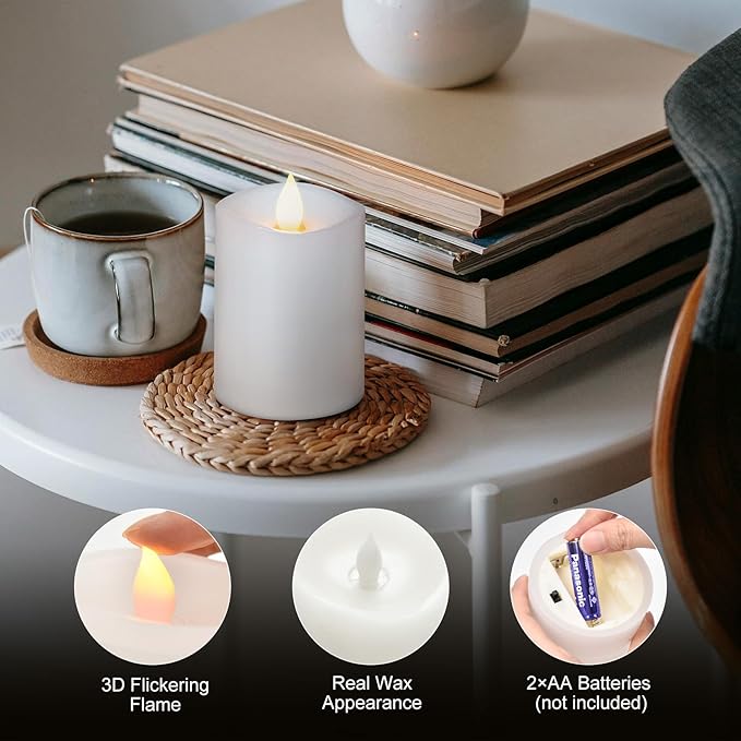 3x4 Flickering Flameless Candles Set of 1,Real Wax Pillar LED Battery Candles,with Timer,4 inch Flameless Candles with Remote,for Holiday Home Decor,White